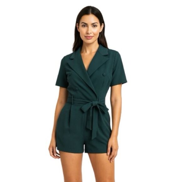 Amazon Pants - Women's Dark Green Short Sleeve Jumpsuit with Belt Size S